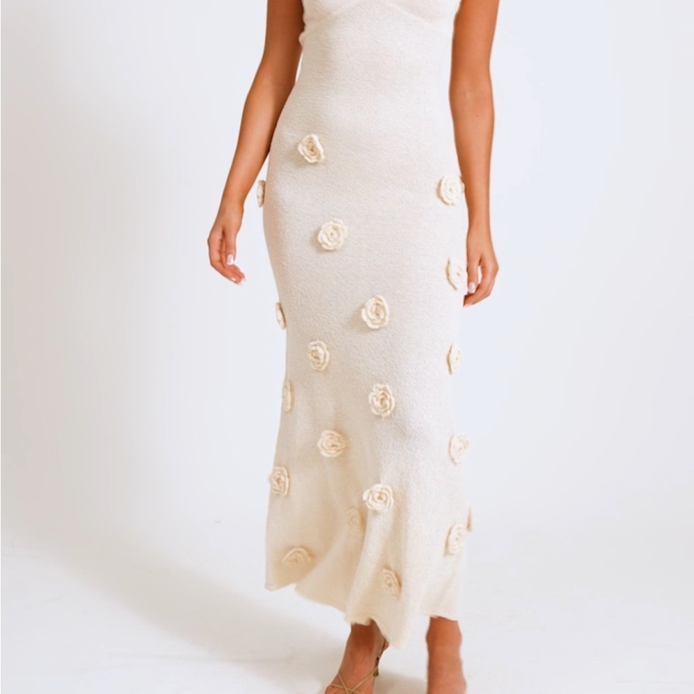Meshki Cream Maxi dress with 3D Floral Appliqués